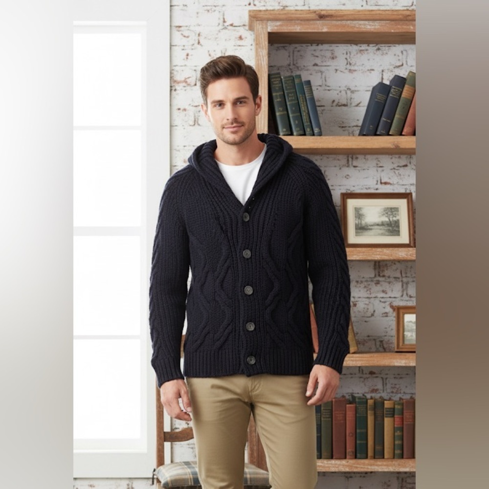 Filippo Novelli Navy Blue Wool Cable Knit Cardigan Sweater Size Medium